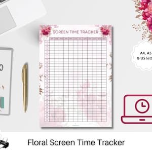 Bildschirm Zeit Tracker Digital Detox Printable Tagesablauf FloraI Log Track Check Journal Download PDF Gerätenutzung Gesunde Technologie Gewohnheiten Geräte