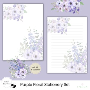 Romantisch paars bloemen bruidspapier | Gelinieerd papier voor huwelijksgeloften en verlovingsbrieven | Afdrukbaar jubileumcadeau | Elegant schrift