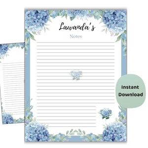 Papelaria Azul com Hortênsias, Papel de Notas Floral Personalizado (Download Digital)
