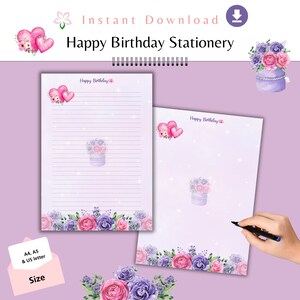 Carta da lettere di buon compleanno Carta da lettere a tema floreale viola Pagine a righe floreali Download immediato Carta intestata a cuore Regalo nato per lei