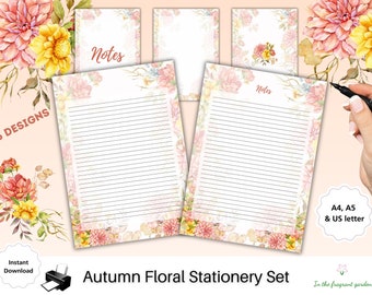 May include: Set of five printable stationery designs featuring a floral pattern with pink and yellow flowers. The designs are labeled "Notes" and are available in A4, A5, and US letter sizes.