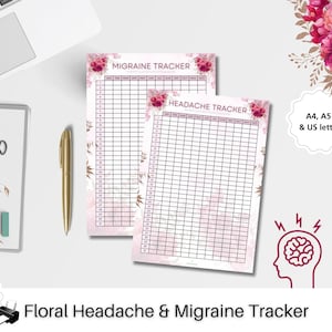 May include: Printable floral headache and migraine tracker with a pink and white design. The tracker includes a grid for recording headaches and migraines by day and month. The text "A4, A5 & US letter" is included in the image.