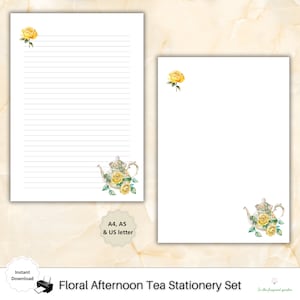 Papelería de té de la tarde Papel forrado floral descargar bloc de notas de flores Página de notas Papelería imprimible PenPal Leaf romántico lindo Rosa amarilla