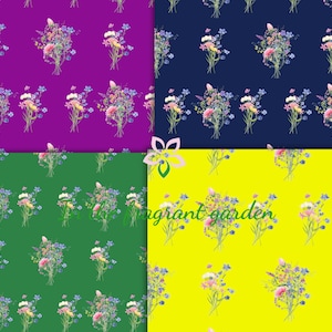 May include: Four seamless patterns featuring bouquets of pink, white, and blue wildflowers on different colored backgrounds: purple, navy blue, green, and yellow.