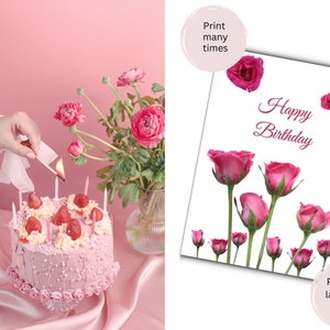 Printable Birthday Cards Floral happy birthday printable Printable card Floral Pink Rose Portrait Birthday for her Greeting Card Roses card