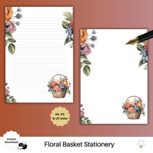 Encantadora cesta con flores forradas de papel campo regalo de papelería de boda para su descarga instantánea escritura floral acogedoras cartas de granja