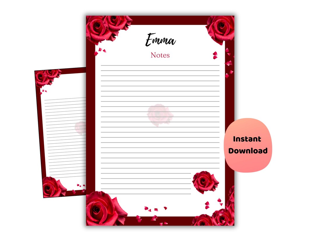 Rose Paper Notes Personalized Red Roses Note Paper | Floral Stationery (digital Download ...