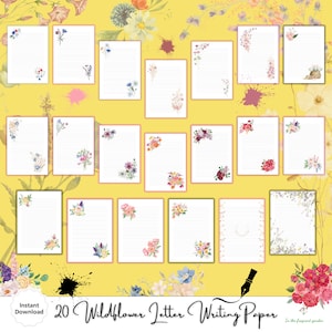 Juego de papel de carta con flores silvestres / Papelería floral imprimible / 20 hermosos diseños en tamaños A4, A5 y carta de EE. UU. / Descarga instantánea / Escritura