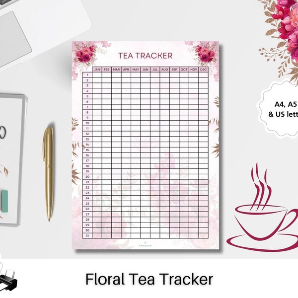 Tea Tracker Printable Daily FloraI Caffeine log Cup symptoms Track Check A year of tea Journal Download Brew Chart Brewing Tasting Aroma PDF