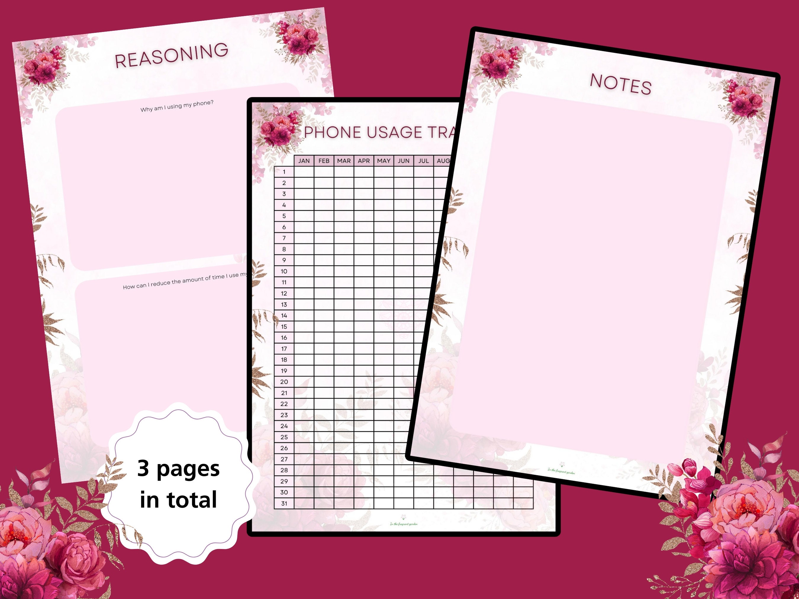 Printable Phone Usage Tracker PDF Floral Daily Log Sheet Insert Digital ...