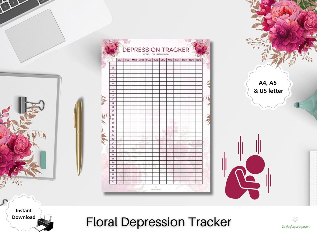 Depression Tracker Printable Daily Florai Stressful Self Help Log PDF ...