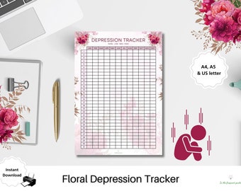 Depression Tracker Printable Daily FloraI Stressful Self Help log PDF symptoms Track Check Symptom Journal Download Low Mood Depressed PTSD