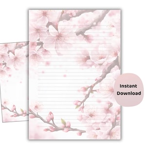 Papelería con diseño de flor de cerezo, papel de escritura con flores rosas (descarga digital)