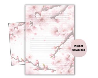 Körsbärsblommor brevpapper set, rosa blommigt skrivpapper (digital nedladdning)
