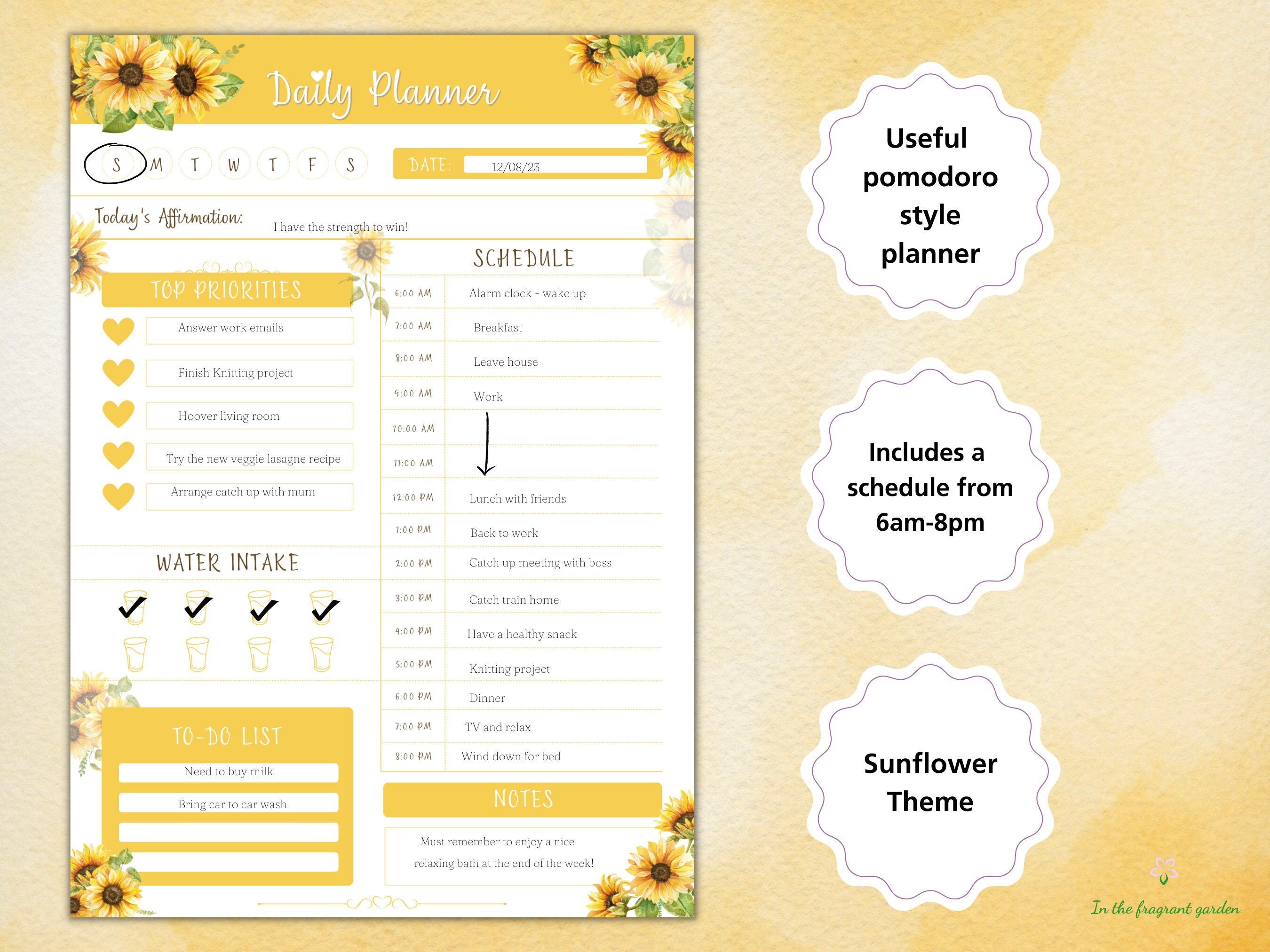 Sunflower Daily Planner Printable, Undated Pomodoro Tracker (A4, A5, US ...