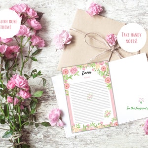 Pagina delle note Modello di nota a righe stampabile Nota per prendere carta da lettere Planner rosa Scarica taccuino Fiore di rosa inglese floreale personalizzato