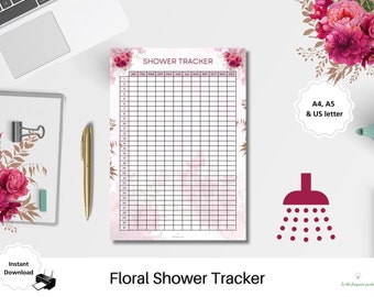 PDF Floral Printable Shower Tracker Daily log Sheet Insert Mental wellbeing Track Check Self Care Journal Monthly Download Hygiene Showers