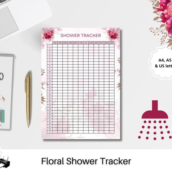 PDF Floral Printable Shower Tracker Daily log Sheet Insert Mental wellbeing Track Check Self Care Journal Monthly Download Hygiene Showers