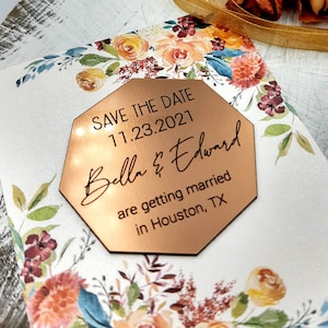 Réservez vos dates - Aimez-vous pour mariage en acrylique doré, argenté ou cuivré - Réservez vos aimants pour date avec des cartes