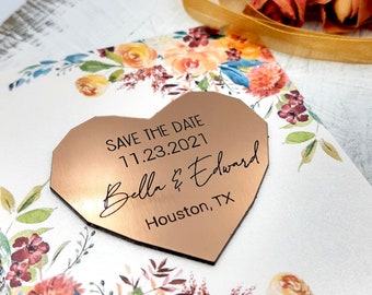 Wedding save the date magnets in gold, silver or copper acrylic with cards