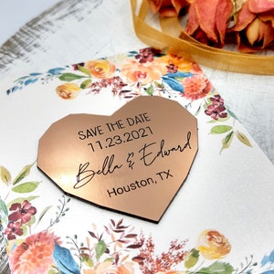 Mariage enregistrer la date aimants en or, argent ou cuivre acrylique avec des cartes