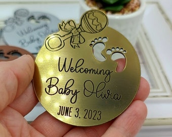Baby Shower Favors, Personalized Magnet with Baby Rattle and Tiny Feet design, Gifts for Guests, Baby Party Favors in Gold Silver Copper