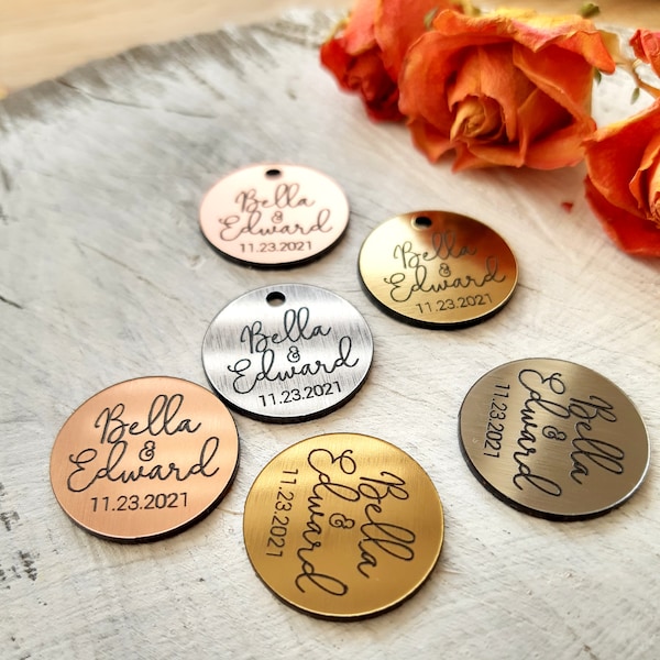 Personalized tags for wedding favors, custom name date tags with hole or peel off back, gold silver copper tags, gift tags, set of 10 pc