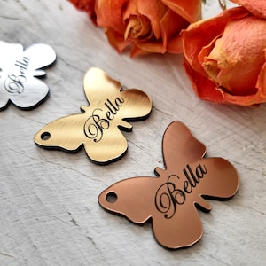 Butterfly tags, small tags for baby shower favors, party favors, wedding favors, butterfly name tags, gift tags, gold, silver, copper, 10pc