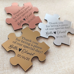 Puzzle Wedding Favor Magnets - Puzzle Piece Gift for Guests - Personalized Puzzle Magnets in Gold Silver or Copper - Custom Puzzle Magnets