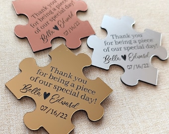 Puzzle Wedding Favor Magnets - Puzzle Piece Gift for Guests - Personalized Puzzle Magnets in Gold Silver or Copper - Custom Puzzle Magnets