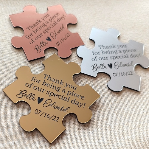 Puzzle Wedding Favor Magnets - Puzzle Piece Gift for Guests - Personalized Puzzle Magnets in Gold Silver or Copper - Custom Puzzle Magnets
