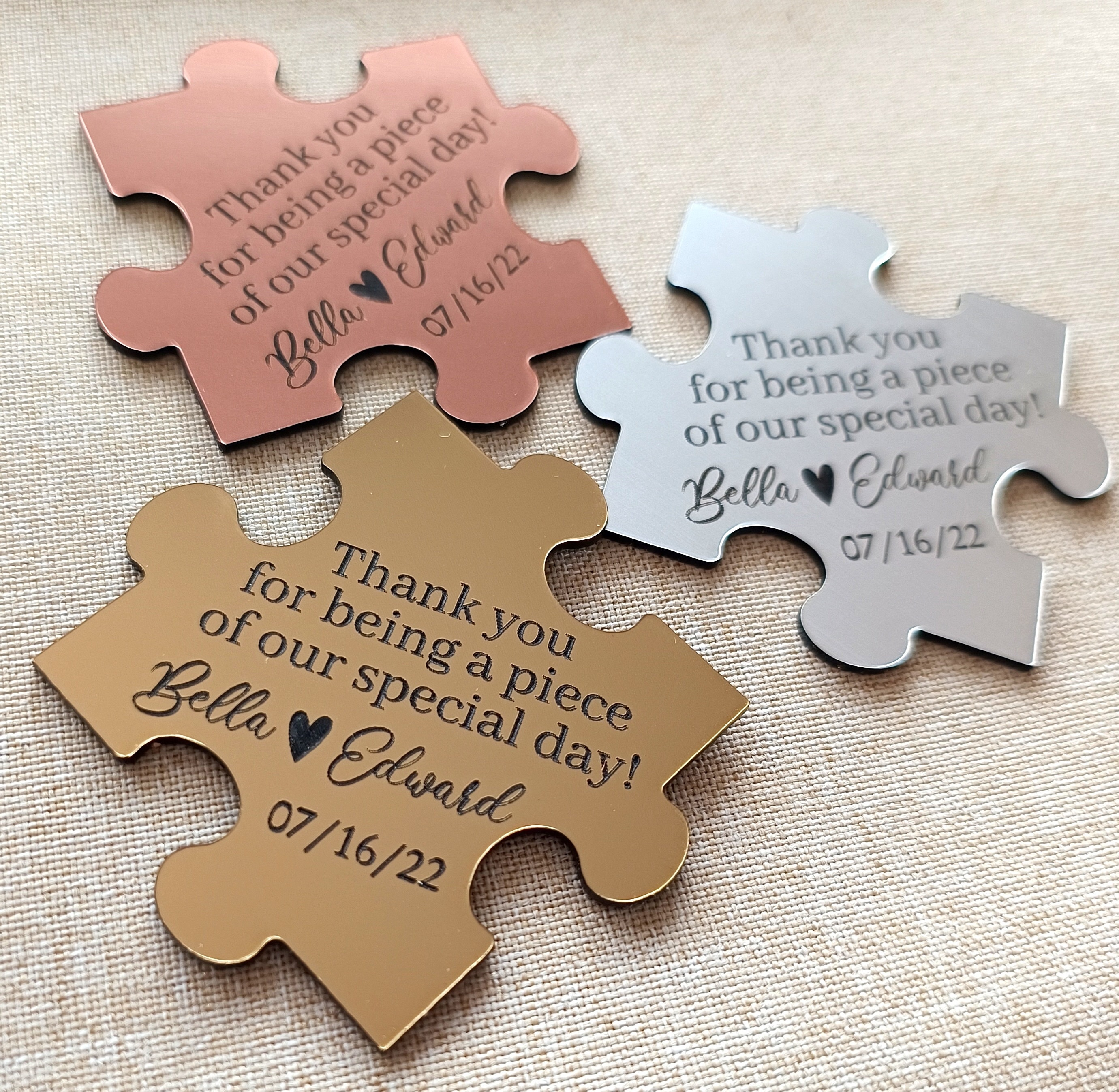 Puzzle Wedding Favor Magnets - Puzzle Piece Gift for Guests - Personalized Puzzle Magnets in Gold Silver or Copper - Custom Puzzle Magnets