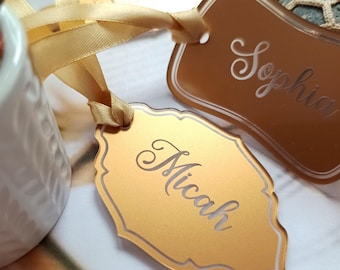 Acrylic place cards, wedding place tags with ribbon, wedding guest name card, mirror name tags, wedding table name tag, wedding place cards