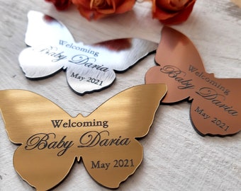 Butterfly Baby Shower Favors, Personalized Baby Shower Magnets, Gold, Silver or Copper, Custom Acrylic Magnets, Butterfly Magnets