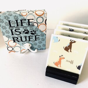 Dog Lover Coasters and Leash Holder Set, Set of 4 Coasters with holder, Dog Home Decor Accessories