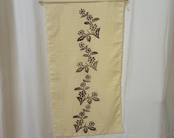 Linen Wall Hanging, Block Printed Floral Wall Decor, Handmade Natural Linen Art , 13"x26",  Livingroom & Bedroom Decor