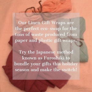 May include: Linen gift wraps in red, peach, and teal, tied with twine. The image features text promoting the Japanese Furoshiki method for eco-friendly gift wrapping, reducing waste from paper and plastic gift wraps.