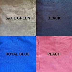 May include: A grid of four fabric swatches featuring a crinkled texture. The top left is sage green, the top right is black, the bottom left is royal blue, and the bottom right is peach. Each section includes the corresponding color name in black text.