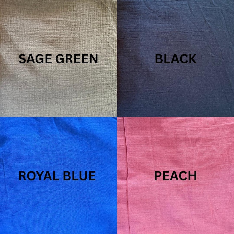 May include: A grid of four fabric swatches featuring a crinkled texture. The top left is sage green, the top right is black, the bottom left is royal blue, and the bottom right is peach. Each section includes the corresponding color name in black text.