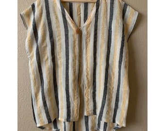 Organic Cotton Kimono with a Wooden Button, Cotton Shrug, Summer To Fall Layering in Style, Overlay top, Yellow/Grey Stripes