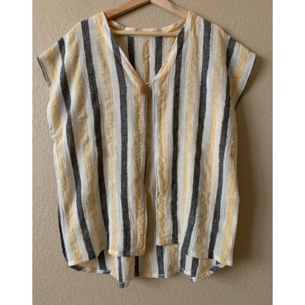 Organic Cotton Kimono with a Wooden Button, Cotton Shrug, Summer To Fall Layering in Style, Overlay top, Yellow/Grey Stripes