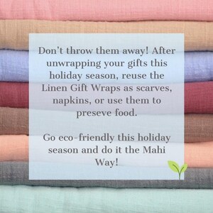 May include: A pile of colourful linen gift wraps in shades of pink, beige, blue, and grey. The image text suggests reusing the wraps as scarves, napkins, or for food storage. It promotes eco-friendly practices.