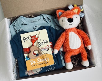 Baby Shower Boy Gift Box Basket Fox with Personalized Card, Welcome Baby, Newborn Coming Home, Baby Present- Onesies, Fox Toy, Dr Seuss Book