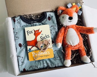 Baby Boy Gift Box Fox Set with Personalized Card-New Baby Gift, Newborn Baby Shower Gift Basket - Fox Plush Toy, Dr Seuss Board Book