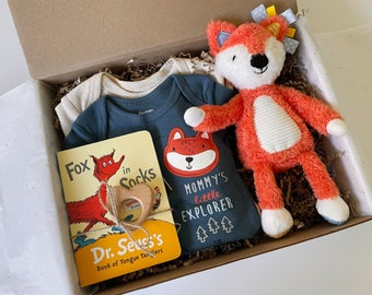 Baby Boy Shower Gift Box Fox Set with Personalized Card-New Baby Gift, Newborn Baby Gift Basket - Onesie, Fox Plush Toy, Dr Seuss Board Book