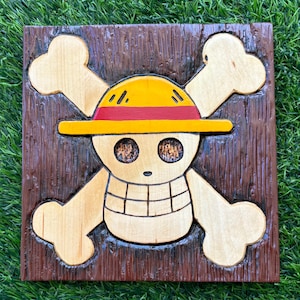 One Piece Hand-Carved Wooden Jolly Roger | Straw Hat Pirates | One Piece Fan Art