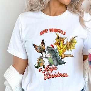 Kaiju Christmas T-Shirt, Godzilla and Friends Xmas T-Shirt, Japanese Monster Fan Shirt, Godzilla Fan Gift Shirt, Unisex Short Sleeve Tee