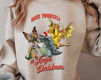 Kaiju Christmas Sweat Shirt, Godzilla and Friends Xmas Sweater, Japanese Monster Fan Sweatshirt, Godzilla Fan Gift Unisex Crewneck Sweater