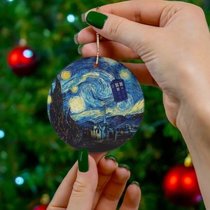 Van Gogh Christmas Tree Ornament, Starry Night TARDIS Xmas Decoration, Xmas Tree Ceramic Ornament, Van Gogh TARDIS Fan Gift