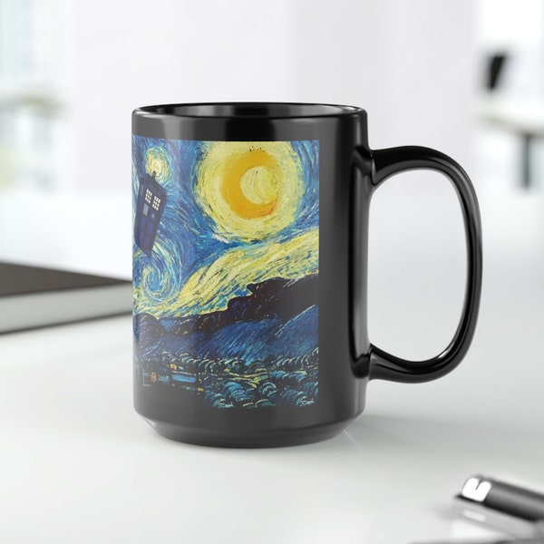 Van-Gogh Tardis 15oz Mug, 15oz Van-Gogh Coffee Mug, Large 15oz Coffee Mug, Van-Gogh Starry Night Dr-Who Fan Gift Mug, 15 oz Gift Mug